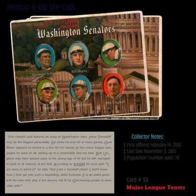 Picture, Helmar Brewing, Helmar 6 Up Die-Cut Card # 53, Germany Schaefer; Bill Shipke; Wid Conroy; Jesse Tannehill; Gabby Street; Bob Unglaub;, Six player portraits inset against a view of Washington., Washington Senators